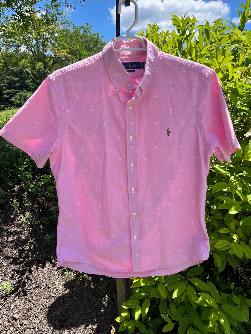 Ralph Lauren Pink Short-Sleeve Button-Down Shirt with Embroidered Palm Trees